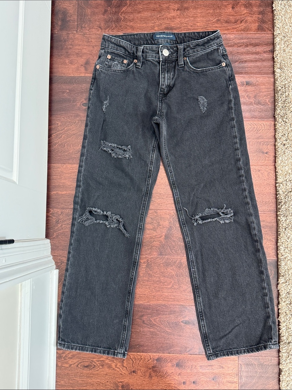 Aeropostale Low Rise Baggy Distressed Jeans Denim Faded Black Vintage Look, 000s